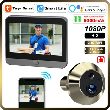 1080P Smart Tuya Csengő Vezeték nélküli 5000mAh Akkumulátor Automatikus Érzékelő Magic Eye Ajtó Kamera Alexa, a Google 2.4 G WiFi Ajtó Kamera