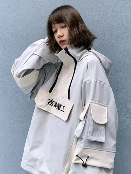 2020-ra több zseb stormsuit hiphop alkalmi varrás Fél Zip Kapucnis női Férfi ruha, Antik kabát Japán stílusú streetwear
