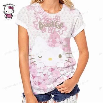 2023 Divat Tavasz Nyár Női Hello Kitty Nyomtatás póló rajzfilm Nyomtatott Rövid Ujjú O-Nyakú Póló ruha Gyaru póló