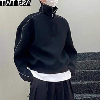 2023 Férfi kapucnis felső egyszínű Hajtóka Hosszú Ujja Cipzárral Melegítőfelső Laza Streetwear koreai Alkalmi Férfi Pullovers S-5XL