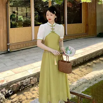 2023 új kínai stílusú ruha női nyári divat vintage ruha női elegáns javult cheongsam tervezési két darab set g603