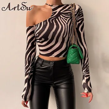 Artsu Zebra Csíkos Y2k Tees Nők A Vállát, Hosszú Ujjú Termés Maximum Őszi Ruhát 2023 Vékony póló Divat Streetwear