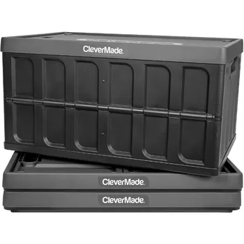 CleverMade 46L Összecsukható Tárolók szemhéjakkal - Összecsukható Műanyag Rakható Utility Láda, Szilárd Fal 3 Csomag, Fedeles Tároló