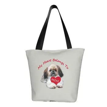 Egyéni Shih Tzu Szív Tartozik Anya Vászon Bevásárló Táska Nők Tartós Élelmiszert Kutyája Tote Bevásárló Táskák