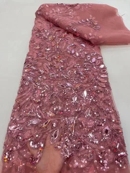 Elegáns Rózsaszín Sorrend Afrikai Csipke Anyagból, 5 Méter Magas Minőségű, Sequin Francia Tüll Csipke Nigériai Esküvői Asoebi Csipke Anyag