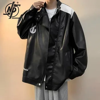Koreai Divat Bombázó bőrkabát Férfi Nő Patchwork PU Motoros Kabát Vintage Levelet Hímzés Outwear Őszi 2023