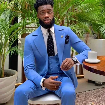 Legújabb Blue Slim Fit Férfi Öltönyök 2023 Széles Remek Hajtóka Vőlegény Esküvői Szmoking Hím Afrikai Fashion 3 Részes Öltöny (Zakó+Mellény+Nadrág)