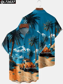Nyári Hawaii Ing, Férfi Alkalmi Tengerparti Nyaralás Nyaralás Gomb Maximum Beach Palm Tree Print-Surf Ing Magas Minőségű Kék Ruha