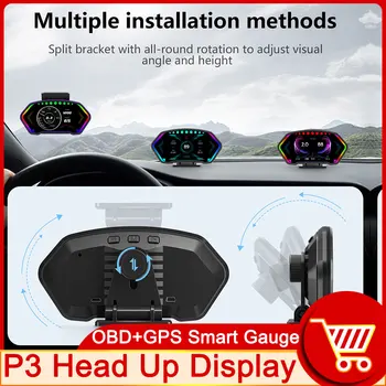 P3 Autó HUD OBD GPS Head Up Display Sebességmérő fordulatszám-túllépés Riasztás RPM Sebesség vízhő Feszültség Iránytű Magasság Roll Pályán Szög