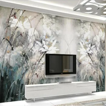 Régi olajfestmény Lotus falfestmény, kézzel festett nappaliban kanapé, TV háttér falat díszítő festés Egyedi 3d háttérképek