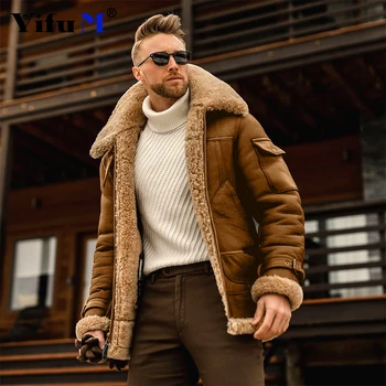 2023 Férfi Gyapjú Kabát Kapcsolja Le a Prémes Gallér Vastag Kabátok Sűrűsödik Meleg Bőr Outwear Férfi Téli Utcai viselet Széldzseki 5XL