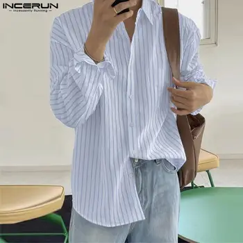 A koreai Stílus Férfi Rakott Textúra Függőleges Csík Design Pólók Alkalmi Streetwear Laza Ujjú Blúz S-5XL INCERUN Maximum 2023