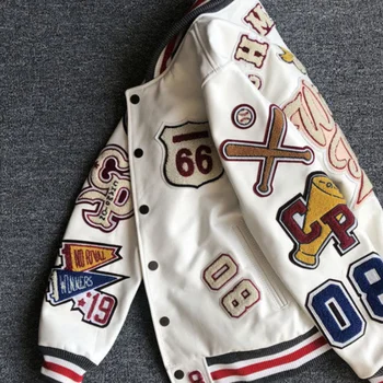 Amerikai Címke Patchwork Kabát Hip-Hop Bőr Özönlött a Baseball Egységes Férfi PU Gombot Fel a Levelet, Bő Kabát