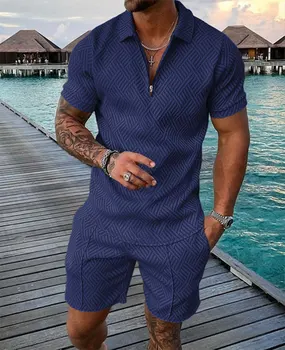 Férfi Öltöny Melegítőben egyszínű Pamut Rövid Ujjú kötött Póló&Nadrág Szett Férfi Alkalmi Streetwear 2 darab Nyári