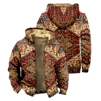 Téli Férfi Kabát Sűrűsödik Meleg Kabátok Férfi Gyapjú Kabát Etnikai Azték Geometriai Népi kapucnis felső Streetwear Hosszú Ujjú Ruha