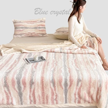 Téli meleg megvastagodott nyúl bársony dupla borító takarót fény luxus kanapé takaró színes csíkos puha plüss takaró fedél